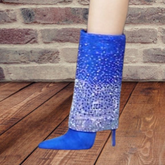 Vivianly Womens Pointed Toe Stiletto Heel Rhinestones Mid-Calf Boots Size 9 Blue - Picture 2 of 10